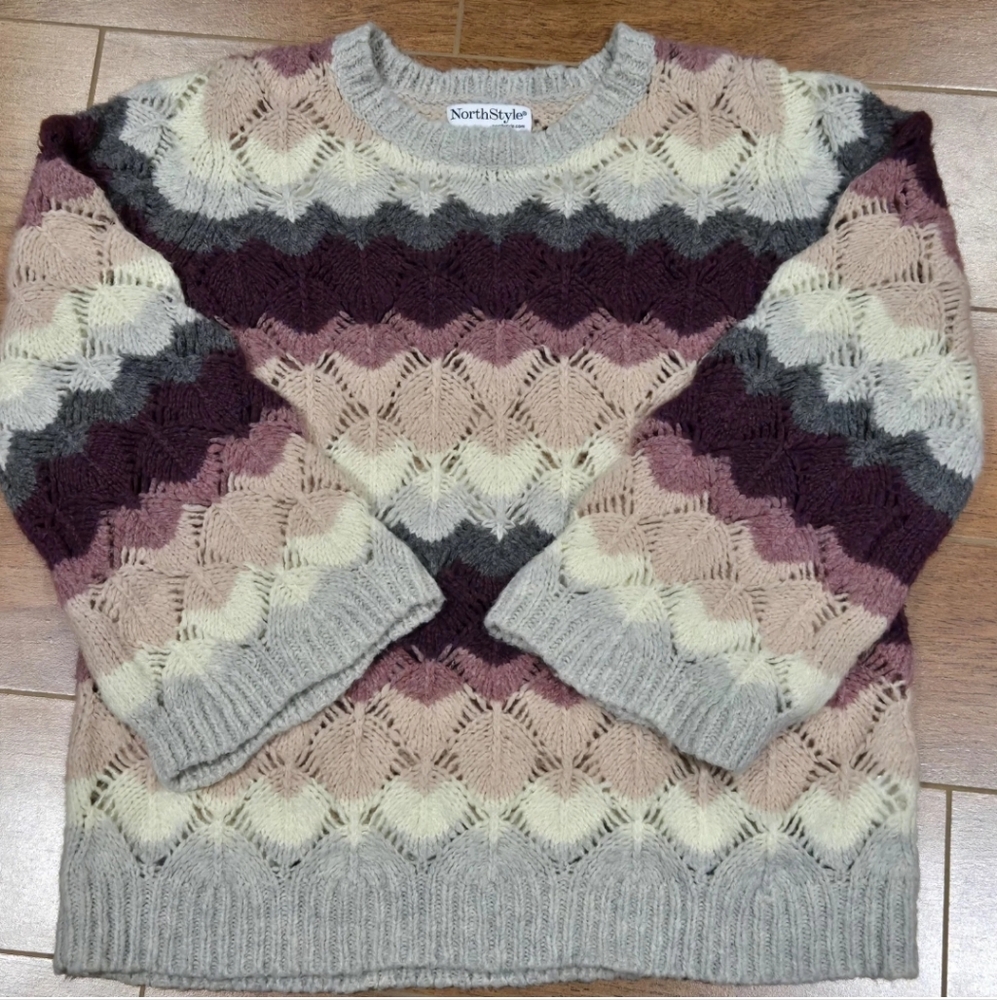 NorthStyle Wool Blend Sweater Women's Size Medium Knit Crochet Pullover EUC